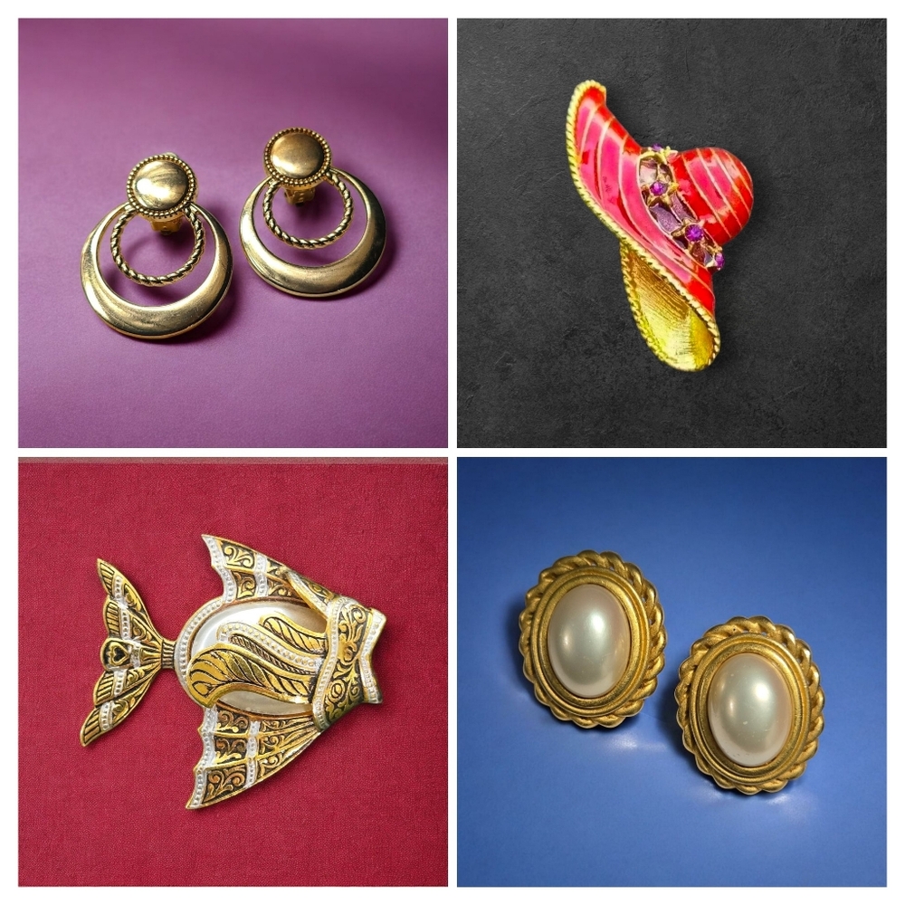 Gold Silver Tone Fuax Pearl Rhinestone Women's Brooch Earrings Bundle Of 4
